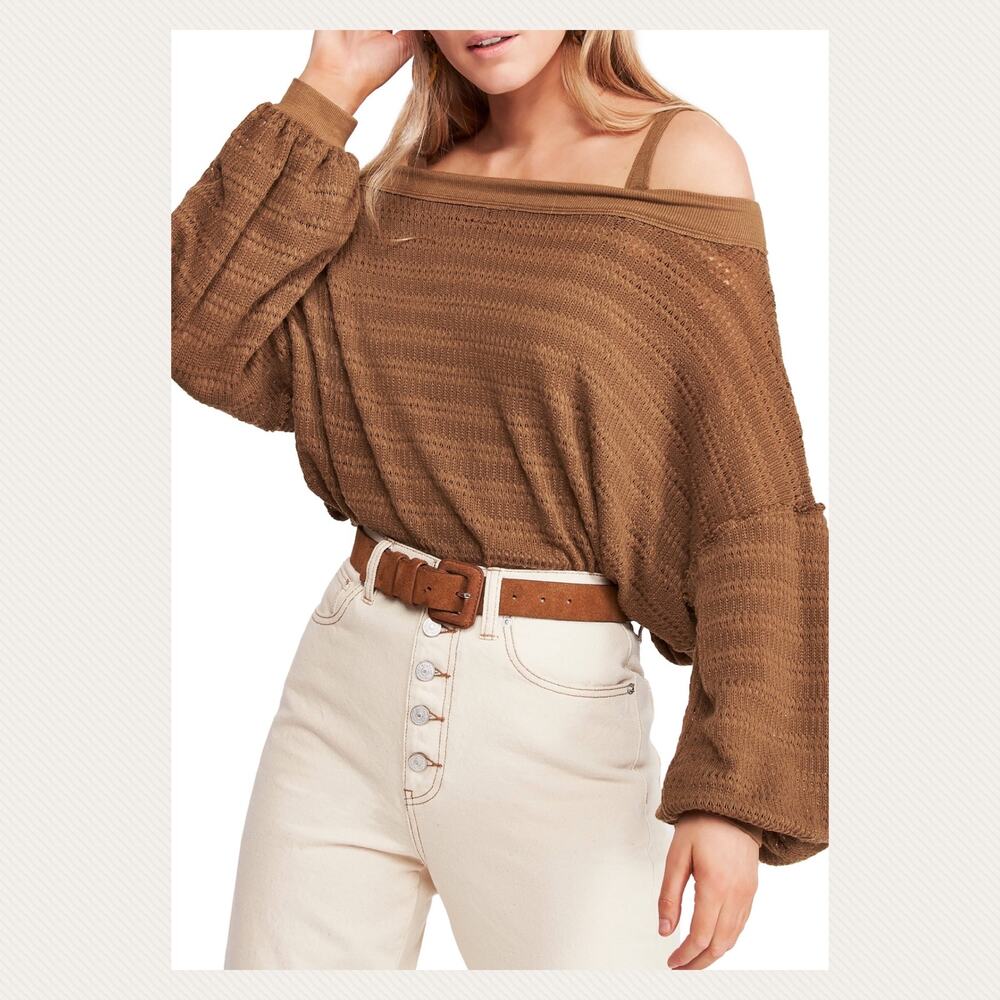 Free People Sistine Cold Shoulder Hacci Balloon Sleeve Sweater Size M